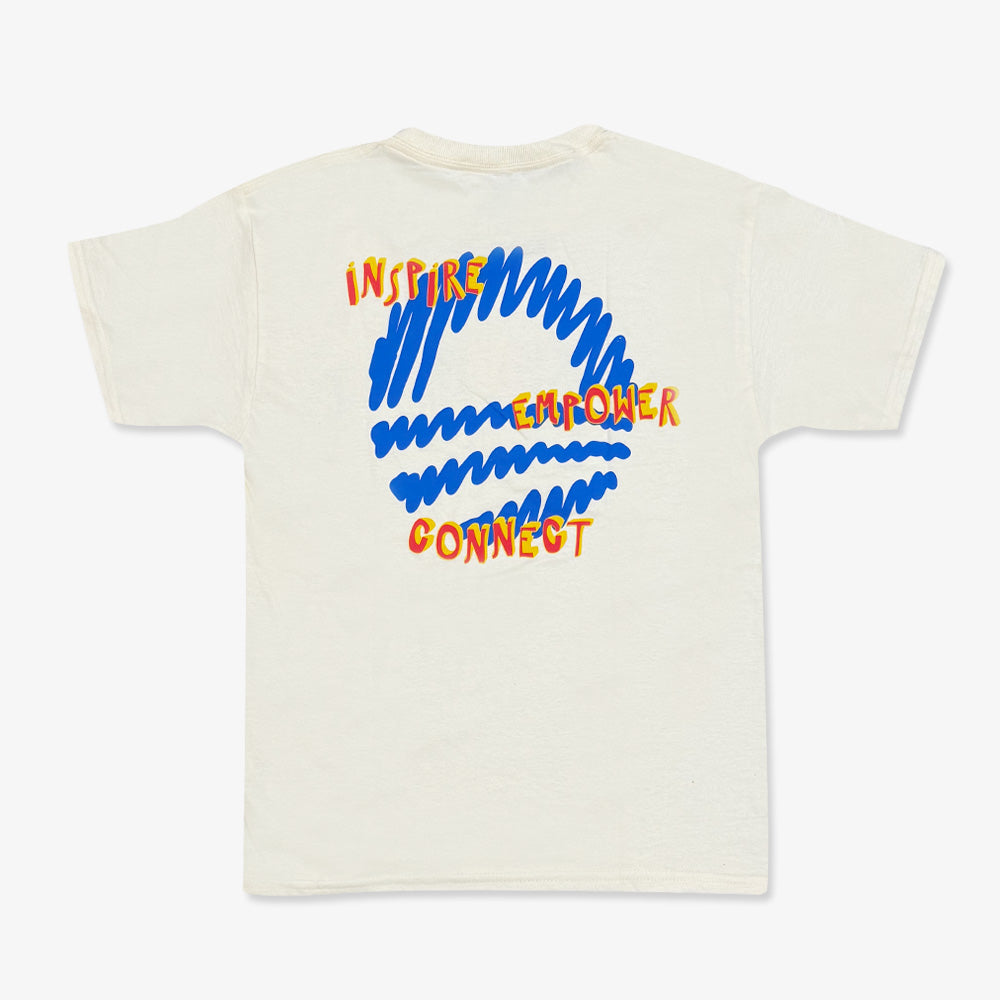 The Presidential Bring Change Home Youth T-Shirt is off-white with a blue scribble graphic on the back, featuring “INSPIRE,” “EMPOWER,” and “CONNECT” in bold yellow and orange handwritten-style letters.
