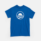 The Obama Presidential Center Symbol T-Shirt in royal blue features a white circular logo with a rising sun and three stripes centered on the chest—perfect for those inspired to Bring Change Home.