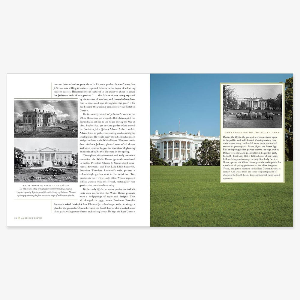 A two-page spread from "American Grown: The Story Of The White House Kitchen Garden And Gardens Across America" features historical White House photos and text on the left, with a modern image and highlight of Michelle Obama's garden on the right.