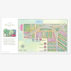 An illustrated spring garden plan inspired by "American Grown: The Story Of The White House Kitchen Garden," with labeled veggie and herb beds, colorful plots, a compass rose, and a girl gardening near large cabbages on the left page.