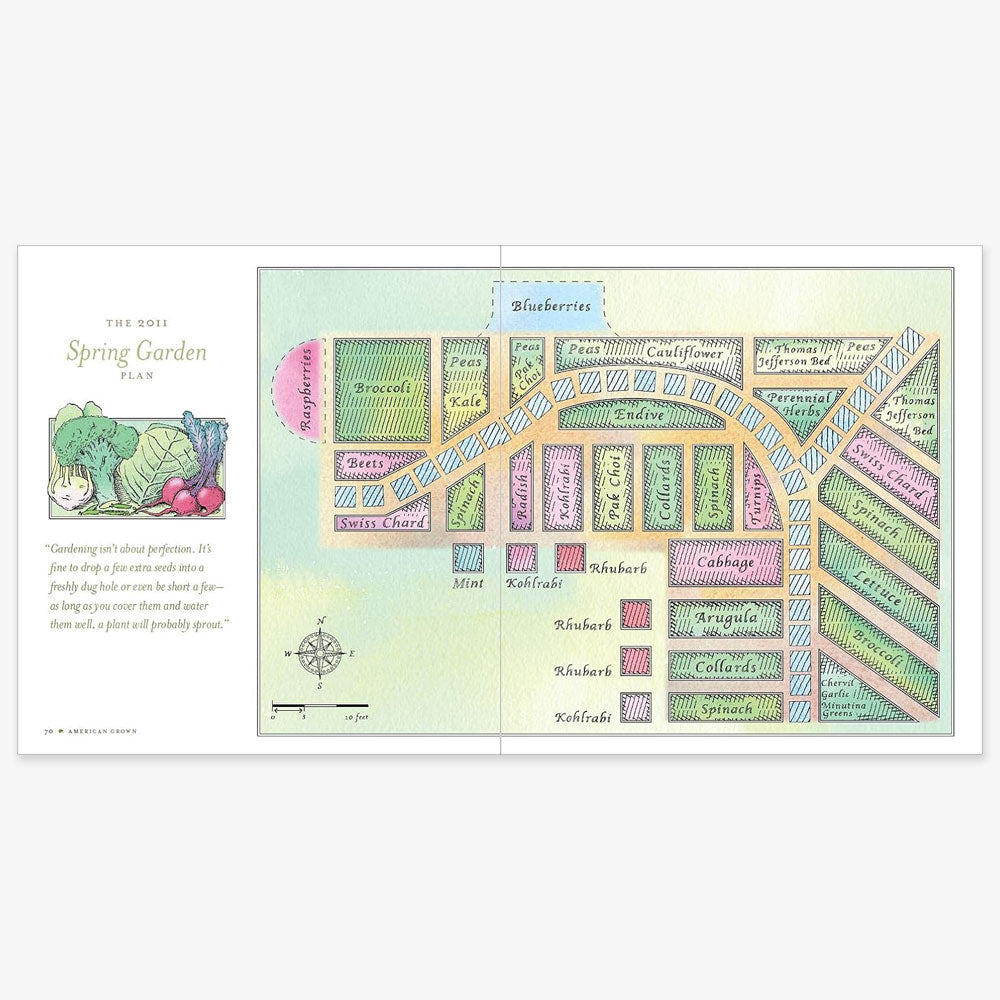 An illustrated spring garden plan inspired by "American Grown: The Story Of The White House Kitchen Garden," with labeled veggie and herb beds, colorful plots, a compass rose, and a girl gardening near large cabbages on the left page.