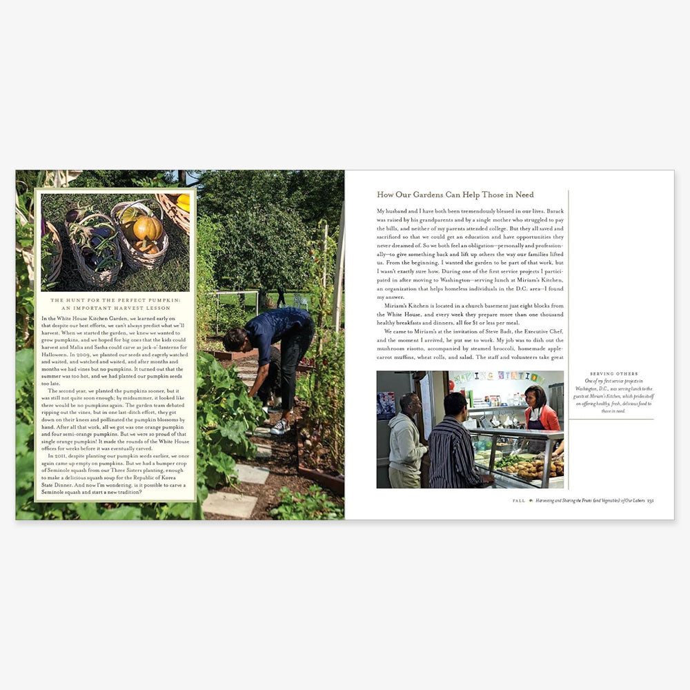 A magazine spread shows gardeners with plants and pumpkins, plus people at a food counter. Inspired by American Grown: The Story Of The White House Kitchen Garden And Gardens Across America, the article explores gardening and community support.