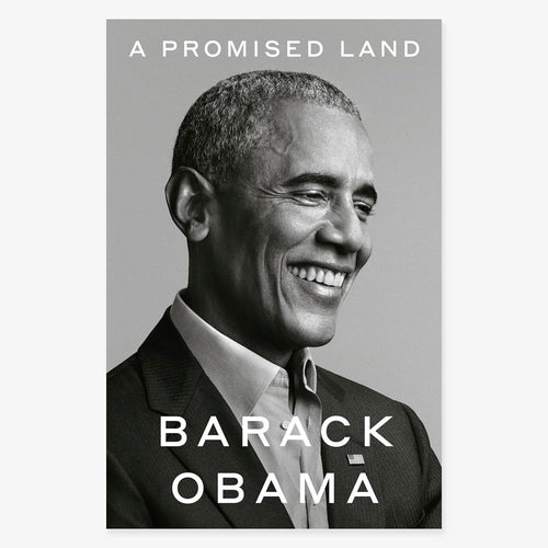 Black-and-white photo of Barack Obama smiling in a suit and tie. The title "A Promised Land" appears at the top, with his name in large letters below.