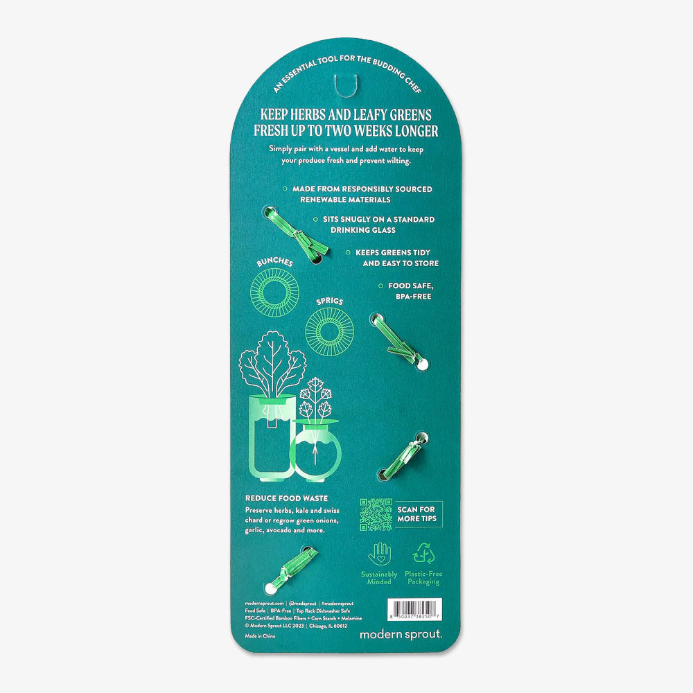 Produce Keepers’ green, eco-friendly packaging with white text and illustrations highlights how they keep herbs and leafy greens fresh for up to two weeks longer, featuring key benefits and sustainability notes.