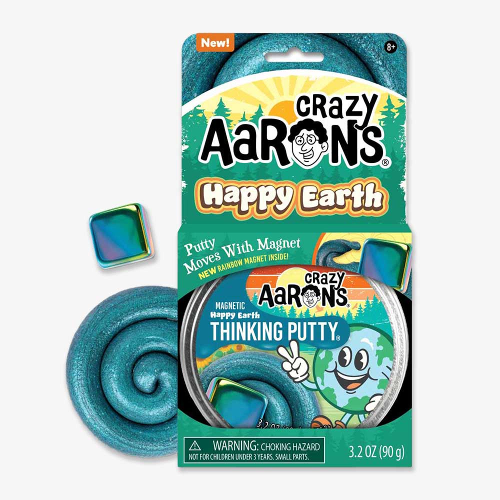 A package of Happy Earth Putty, a sensory toy with teal magnetic putty and a rainbow magnet. The box shows a smiling Earth image and product info, with a warning: not suitable for children under 3 years old.