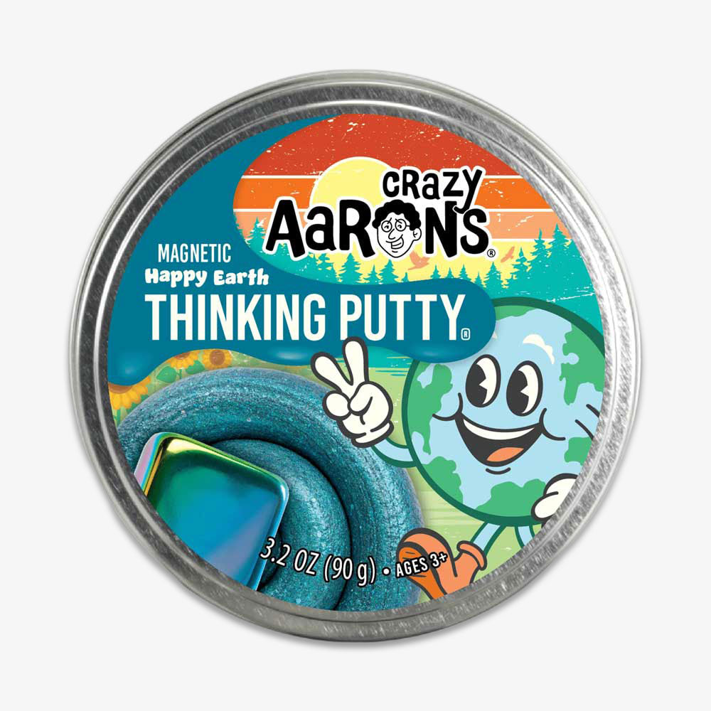 Happy Earth Putty comes in a round tin with a smiling cartoon Earth giving a peace sign on the label, set against a sunset background. Inside is teal magnetic putty—perfect as a fun STEAM sensory toy.