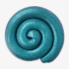 The Happy Earth Putty, a teal and glittery sensory slime, is swirled into a spiral on a white background, resembling a coiled pastry or shell.