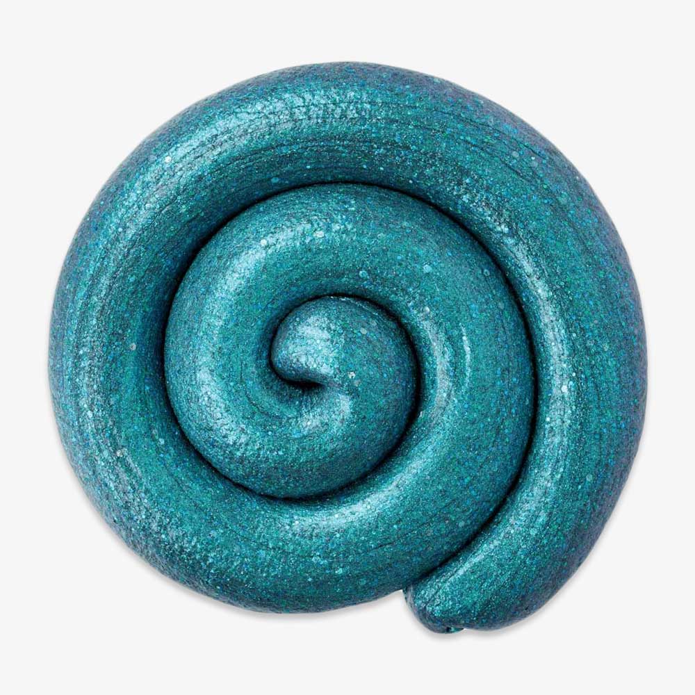 The Happy Earth Putty, a teal and glittery sensory slime, is swirled into a spiral on a white background, resembling a coiled pastry or shell.