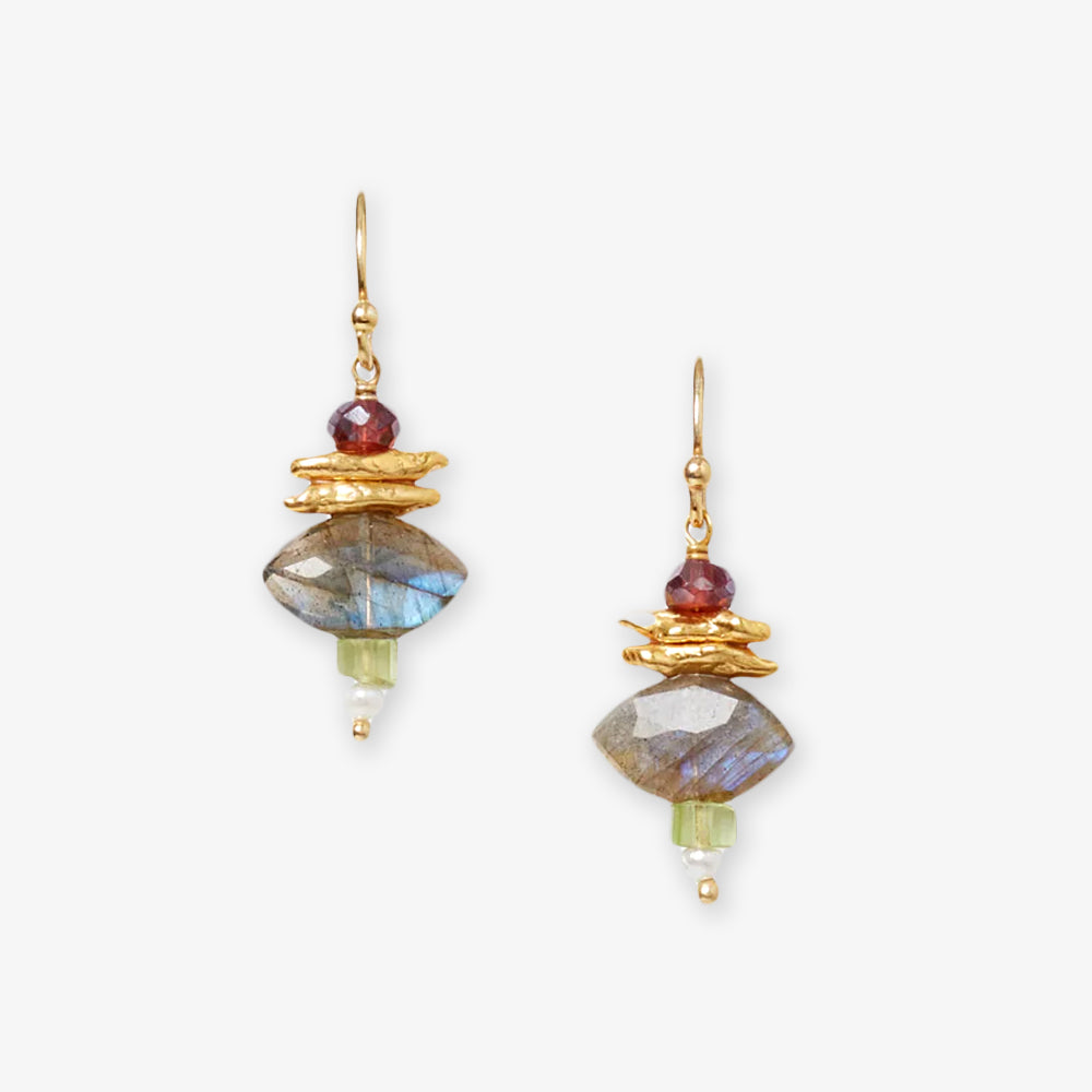 Multi Mix Drop Earrings by Chan Luu feature gold hooks, stacked gemstone beads including deep red garnet, faceted gray-blue and pale green stones, and textured gold accents—shown on a white background.