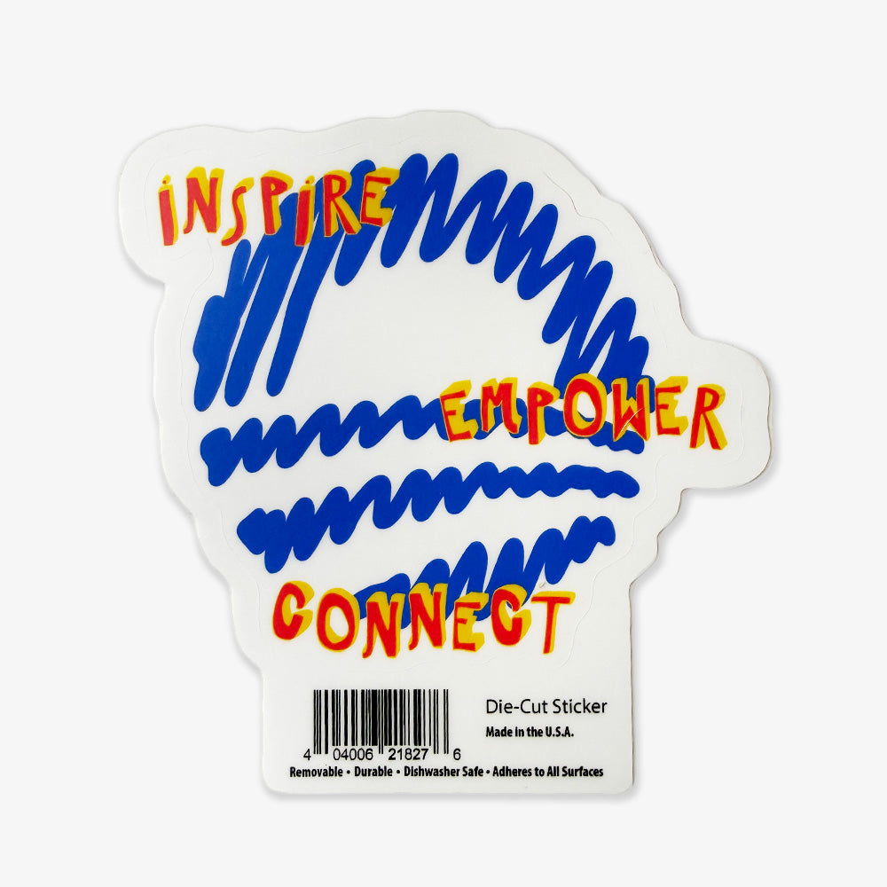 The Inspire Empower Connect Sticker features a white die-cut design with a blue scribbled globe and bold yellow and red text. Inspired by South Side Chicago and the Obama Presidential Center, with barcode and product info at the bottom.