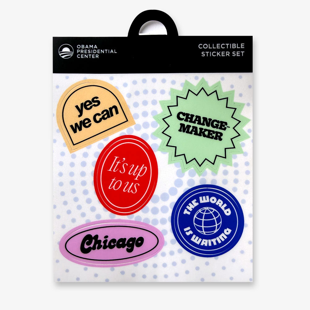The Obama Presidential Center Collectible Sticker Set features vibrant, inspirational stickers with messages like "yes we can" and "CHANGE-MAKER"—perfect for promoting civic engagement.