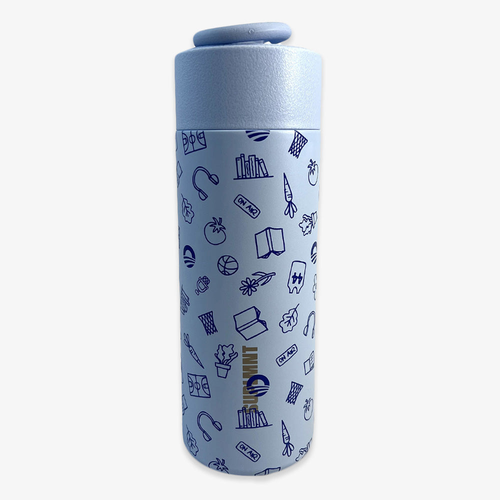The Obama Presidential Center Hope Water Bottle is light blue with a screw-top lid, decorated with small blue icons, celebrating the vibrant spirit of Chicago's South Side and sustainable community garden initiatives.