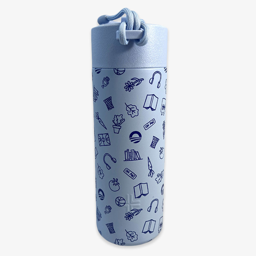 The Obama Presidential Center Hope Water Bottle is a light blue cylindrical bottle with a textured lid and drawstring, featuring dark blue illustrations inspired by South Side Chicago’s sustainable community garden.