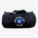 The Obama Presidential Center Home Court Duffel Bag is a black cotton canvas bag with a basketball logo and “Obama Presidential Center Home Court” in white and blue, featuring two handles and a zipper closure.