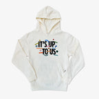 The Obama Presidential Center Stickers Youth Hooded Sweater features “ITS UP TO US” in bold on the front, decorated with vibrant flag and symbol designs around and inside the text.