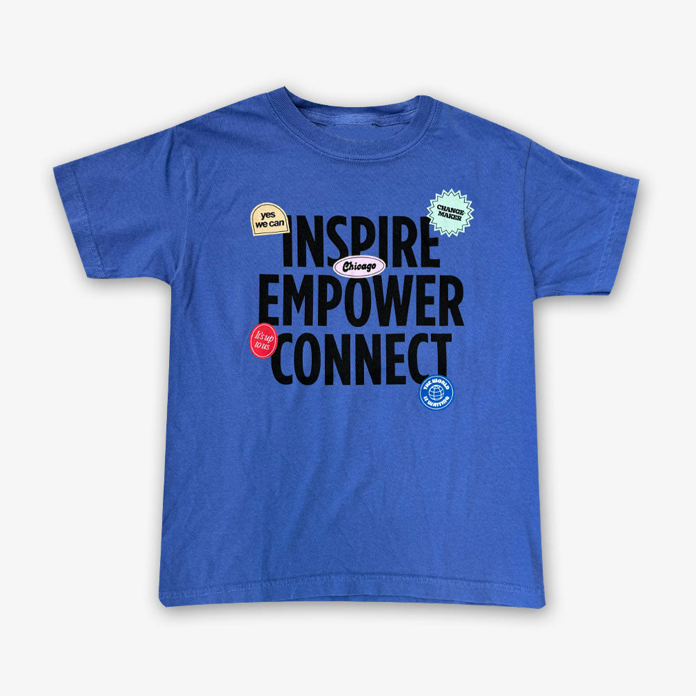 The Obama Presidential Center Stickers Youth T-Shirt is a blue tee with bold black "Inspire Empower Connect" text and colorful stickers like "yes we can," "Chicago," and "Thank you for being you"—perfect for any Change Maker.