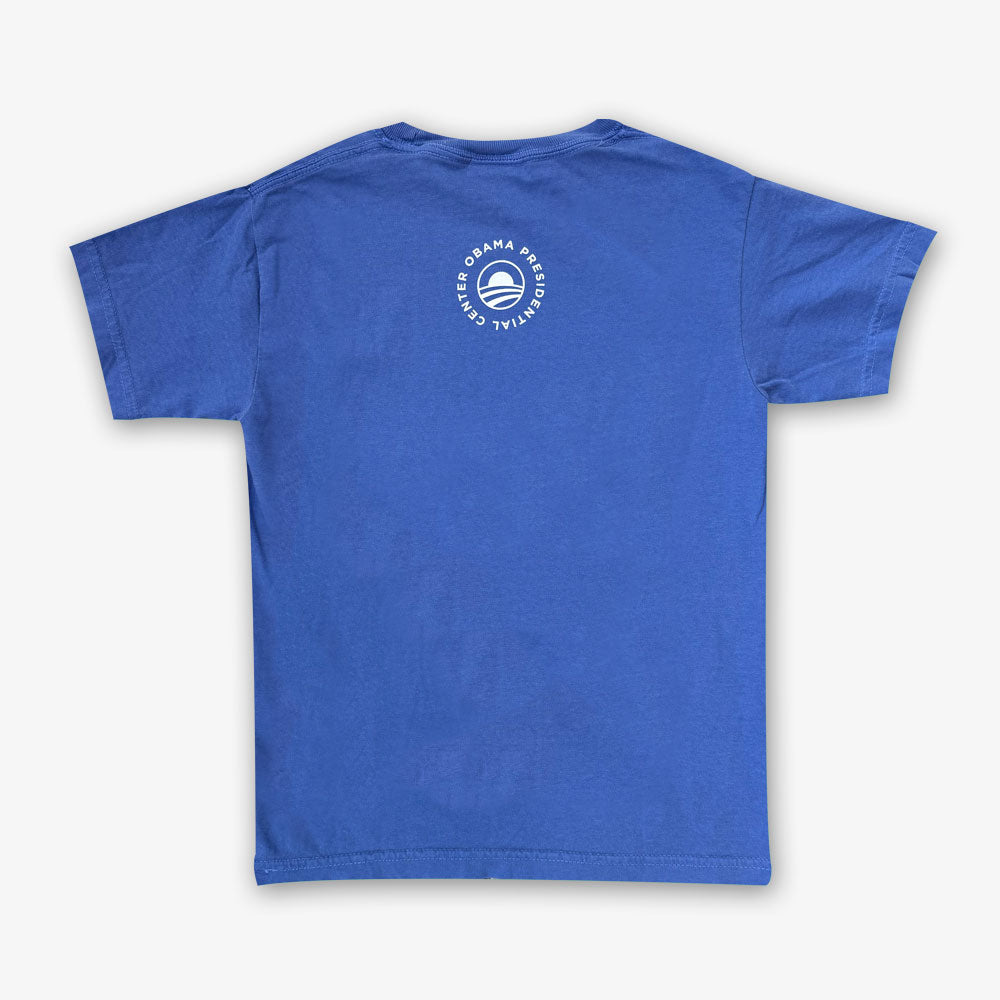 Obama Presidential Center Stickers Youth T-Shirt shown from the back with a small white circular logo and "Obama Presidential Center" text near the upper neckline—the perfect look for young Change Makers.