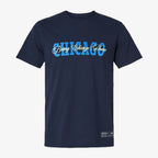 Introducing the Obama Presidential Center Chicago Script T-Shirt—a navy blue tee showcasing “CHICAGO” in bold light blue lettering, with “Bring Change Home” elegantly scripted in cursive gold and white across the front. This stylish shirt celebrates the spirit of the Obama Foundation and the forthcoming Obama Presidential Center.
