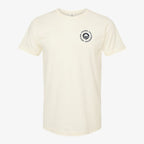 Ecru Obama Presidential Center Script T-shirt featuring a small circular logo with a stylized black “O” on the left chest, celebrating Chicago South Side pride.