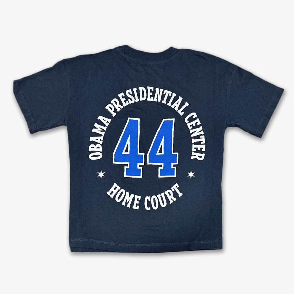 The Obama Presidential Center Home Court T-shirt - Denim features "Obama Presidential Center" and a bold white and blue number 44 on the back—a standout piece for any Obama Foundation collection.