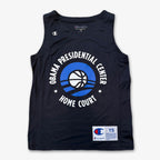 The Obama Presidential Center Home Court Youth Jersey is a navy blue Champion jersey featuring a basketball and Home Court graphic on the front.