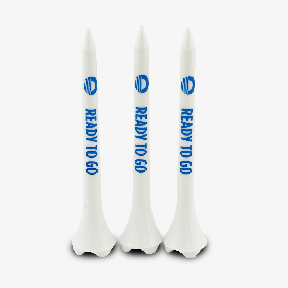 Three white Obama Presidential Center Golf Tees are standing upright. Each tee features the words READY TO GO and a blue circular logo printed vertically along the side, making them classic golf accessories for any enthusiast. The background is plain white.