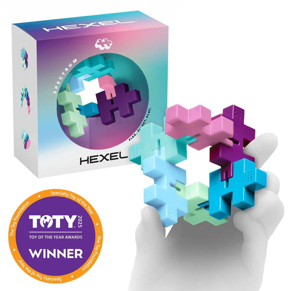 The HEXEL Flora Fidget Toy in pastel colors is being assembled into a ring by hand, shown beside its award-winning box. This BPA-free toy ensures safe, engaging play for all ages.