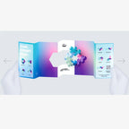 A pair of gloved hands holds an open brochure with colorful geometric designs and the text FLEX. FIDGET. PLAY. Hexagonal shapes highlight the HEXEL Flora Fidget Toy against a blue and purple gradient background.
