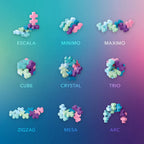 Nine vibrant 3D geometric shapes from the HEXEL Flora Fidget Toy are arranged in a grid on a blue-purple gradient background, each labeled: ESCALA, MINIMO, MAXIMO, CUBE, CRYSTAL, TRIO, ZIGZAG, MESA, and ARC.