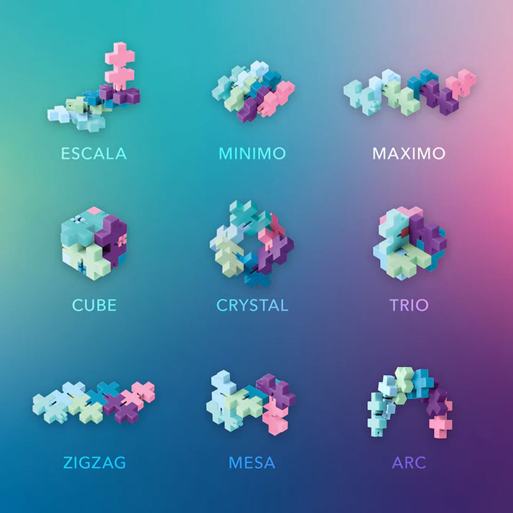 Nine vibrant 3D geometric shapes from the HEXEL Flora Fidget Toy are arranged in a grid on a blue-purple gradient background, each labeled: ESCALA, MINIMO, MAXIMO, CUBE, CRYSTAL, TRIO, ZIGZAG, MESA, and ARC.