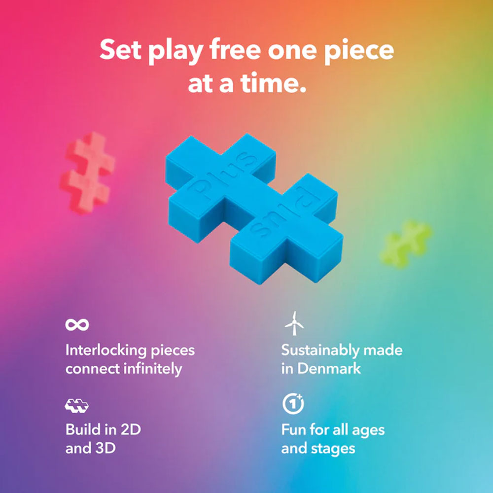 A blue HEXEL Flora Fidget Toy interlocking piece with Plus and snap is shown on a vibrant gradient background. This endlessly connectable sensory toy is made in Denmark, buildable in 2D/3D, and fun for all ages.