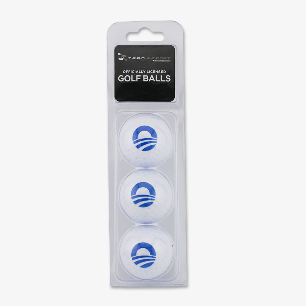 A set of three white Obama Presidential Center Golf Balls with a blue logo, displayed vertically in a clear plastic case labeled "Officially Licensed" by the Obama Foundation.