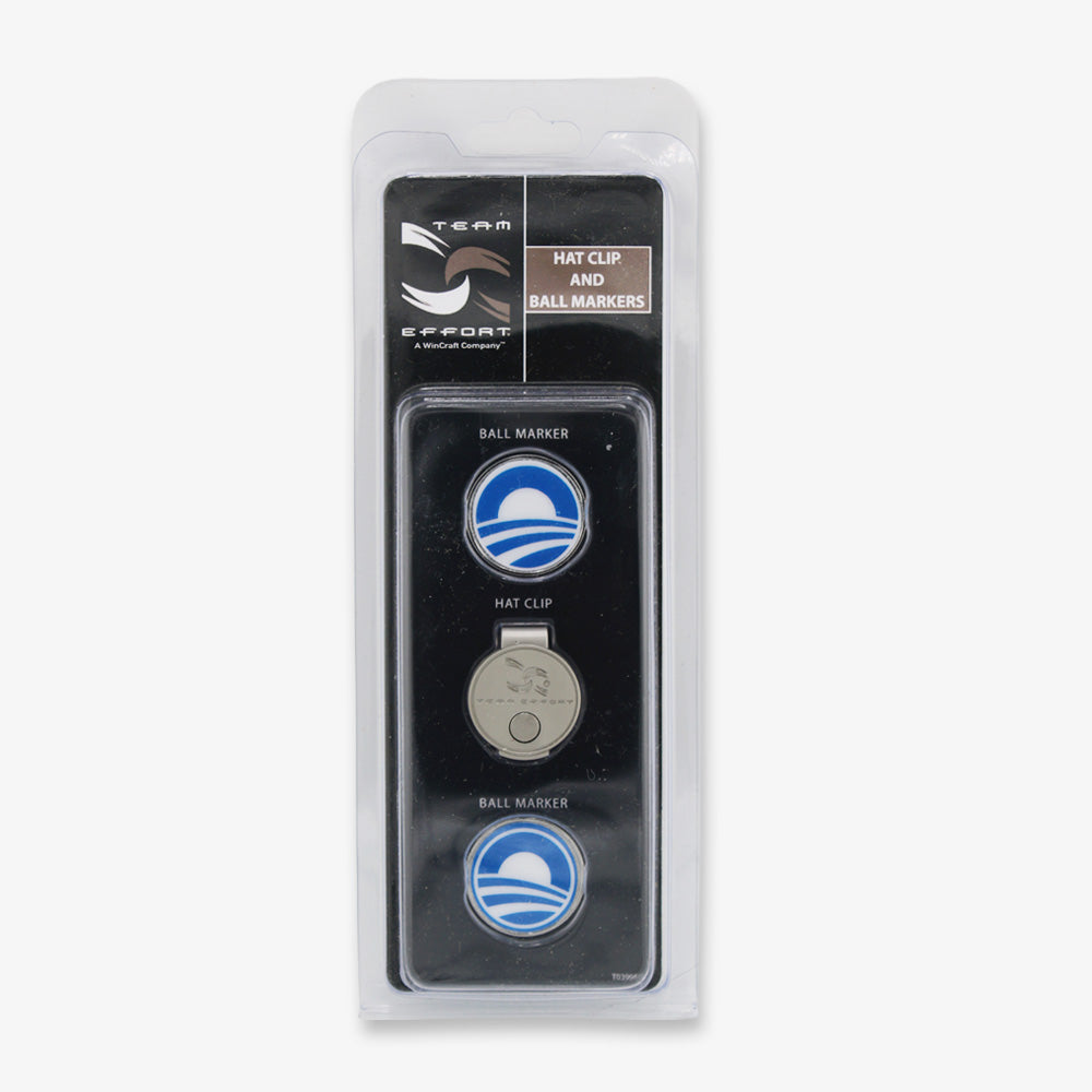 The Obama Presidential Center Hat Clip & Ball Markers set features two logo ball markers and a hat clip, arranged vertically in a clear case with black and silver labeling—a perfect keepsake for any supporter.