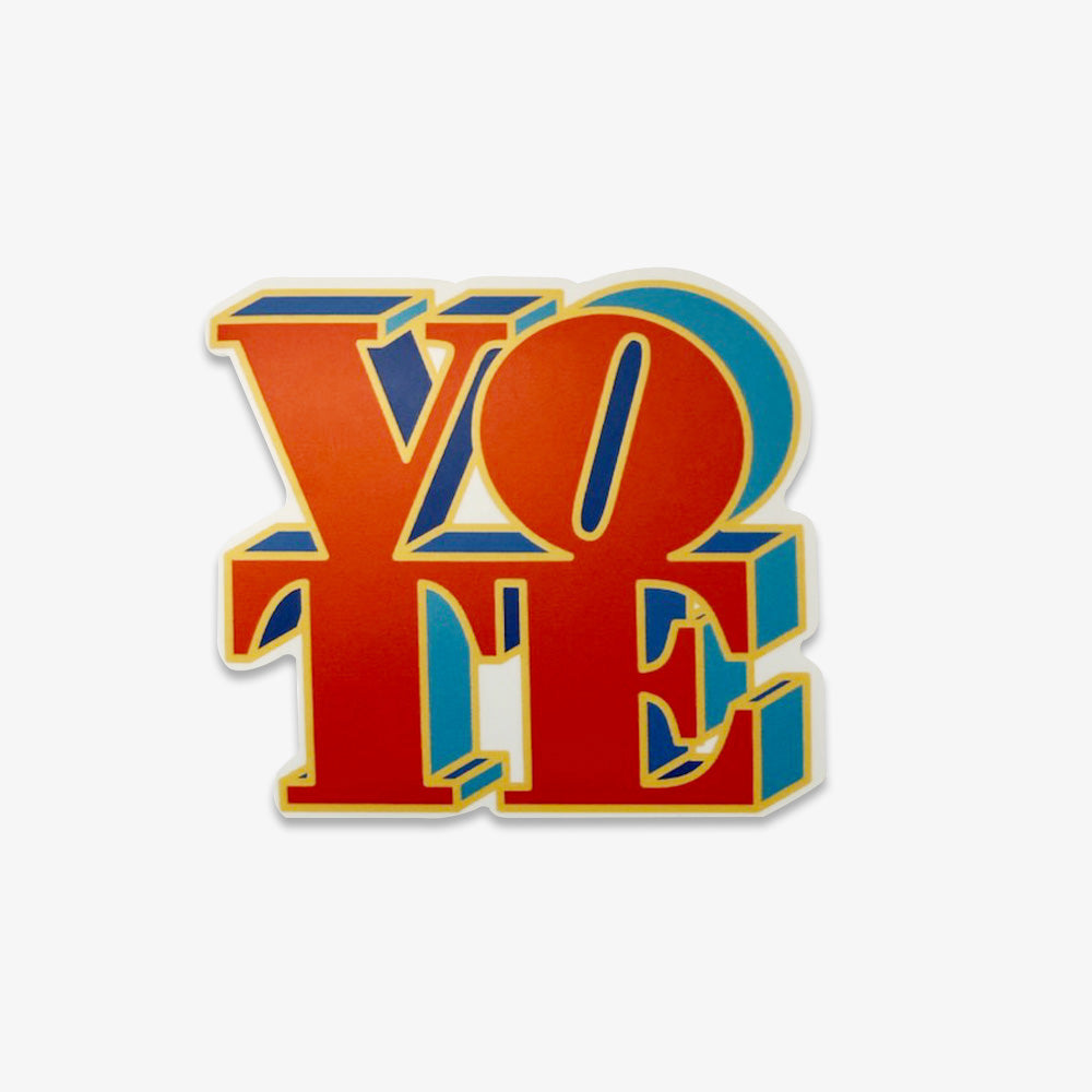 The VOTE Sticker features bold red and blue retro-style letters with yellow outlines on a white background—perfect for inspiring civic engagement.