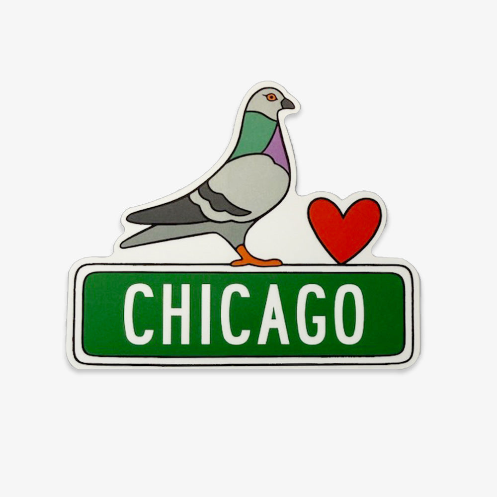 A cartoon pigeon stands beside a red heart above a green CHICAGO sign—an ideal pick for fans of the Pigeon Sticker.