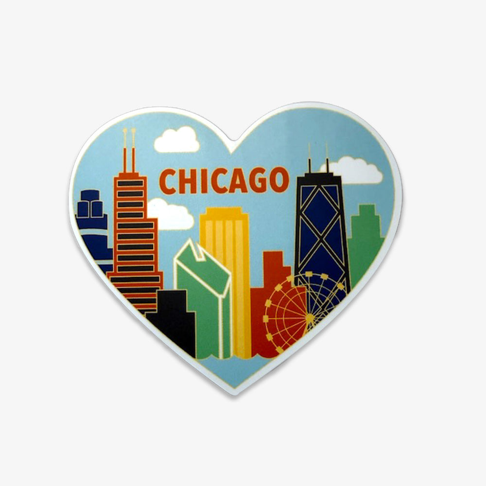 The Chicago Heart Sticker showcases a heart-shaped Chicago skyline with iconic buildings, a Ferris wheel, and bold red CHICAGO letters on a light blue sky—ideal for fans of the city or collectors of unique stickers.