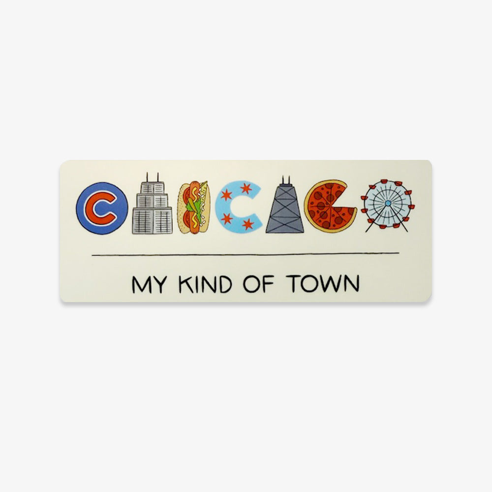 The Chicago Icons Sticker features CHICAGO spelled with city icons—hot dog, skyscraper, pizza, and Ferris wheel. "MY KIND OF TOWN" is below—a perfect souvenir or a great gift for any Obama Foundation fan.