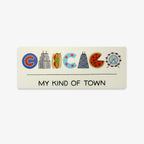 The Chicago Icons Sticker features CHICAGO spelled with city icons—hot dog, skyscraper, pizza, and Ferris wheel. "MY KIND OF TOWN" is below—a perfect souvenir or a great gift for any Obama Foundation fan.