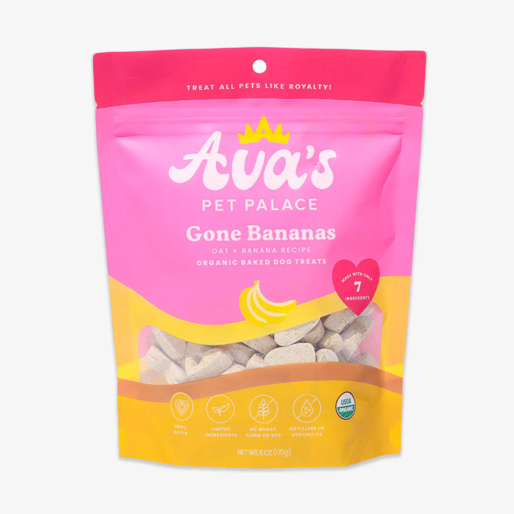 Avas Pet Palace Gone Bananas Organic Baked Dog Treats come in a pink and yellow resealable pouch. This Black-owned brand features 7 organic ingredients for heart health and eco-friendliness, as shown on its eye-catching packaging.