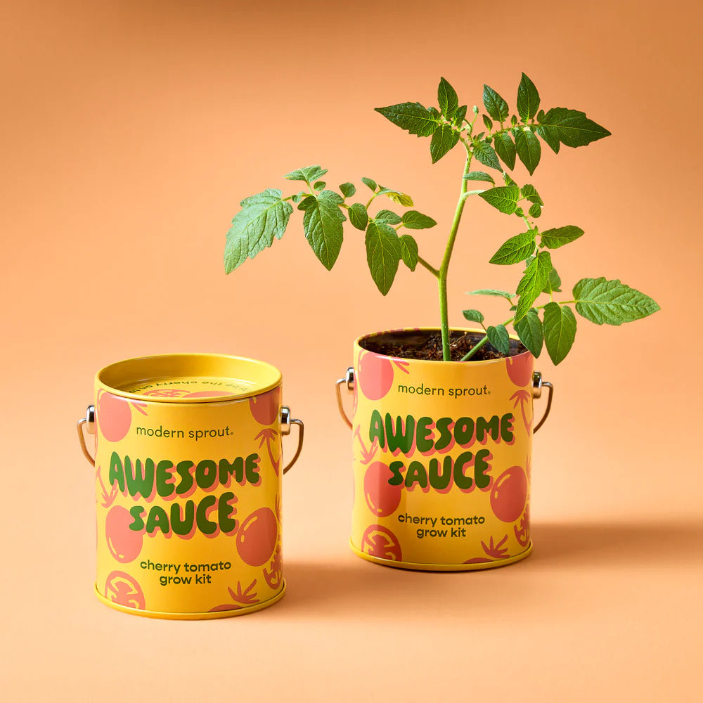 Two yellow cans of Awesome Sauce Grow Kit sit side by side—one closed, one with a green sprout. With playful designs on an orange background, these reusable planters are perfect for fun home gardening.