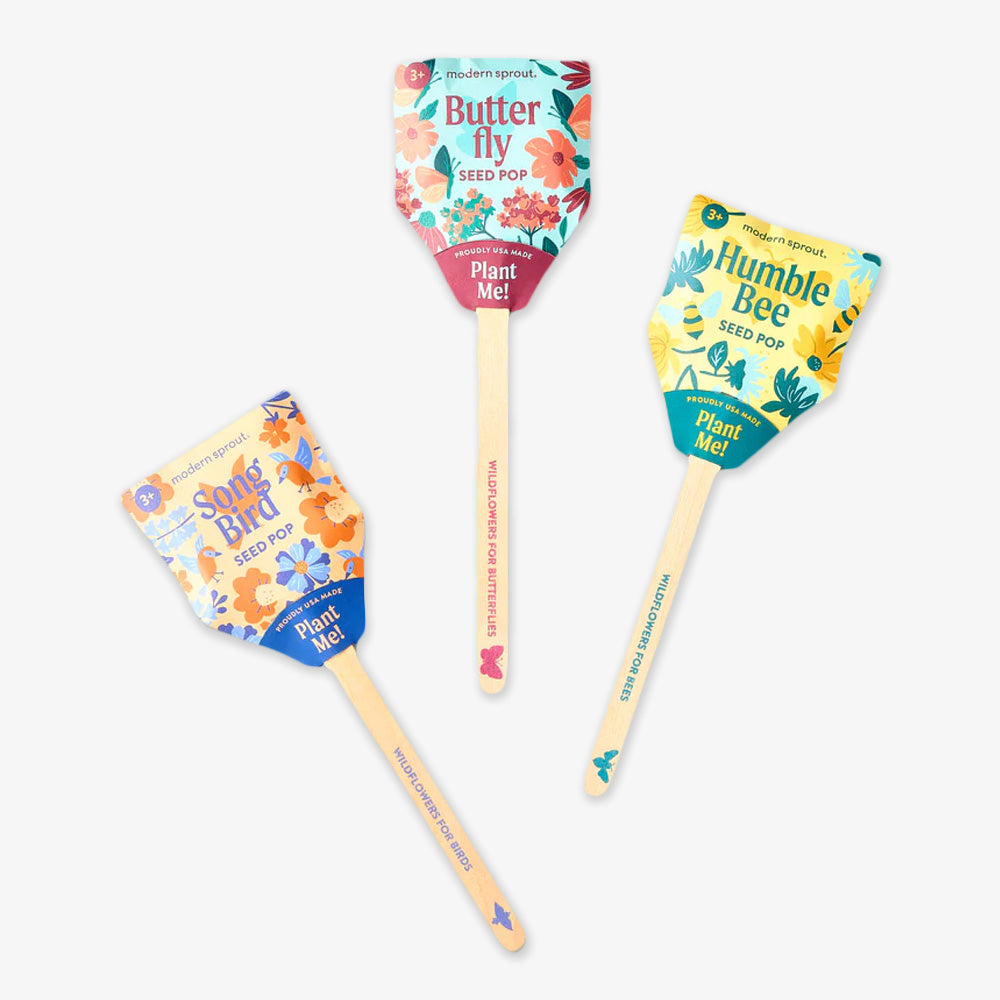 Pollinator Seed Pops are three vibrant seed pops on wooden sticks—Butterfly, Humble Bee, and Song Bird—each with plant-themed packaging. They’re perfect for growing perennial wildflowers and supporting sustainable gardening.
