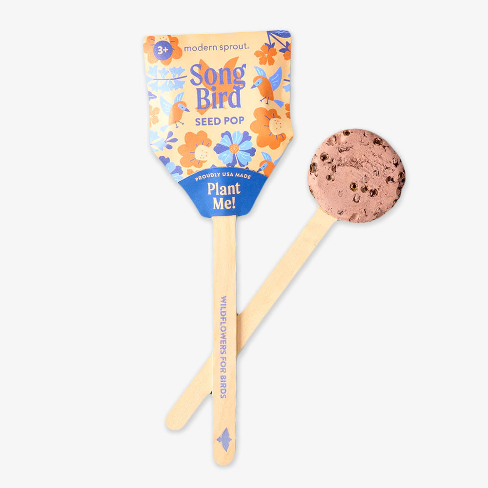 The Pollinator Seed Pop, labeled Song Bird, features colorful floral packaging and a round seed-filled top on a wooden stick—perfect for sustainable gardening with perennial wildflowers.