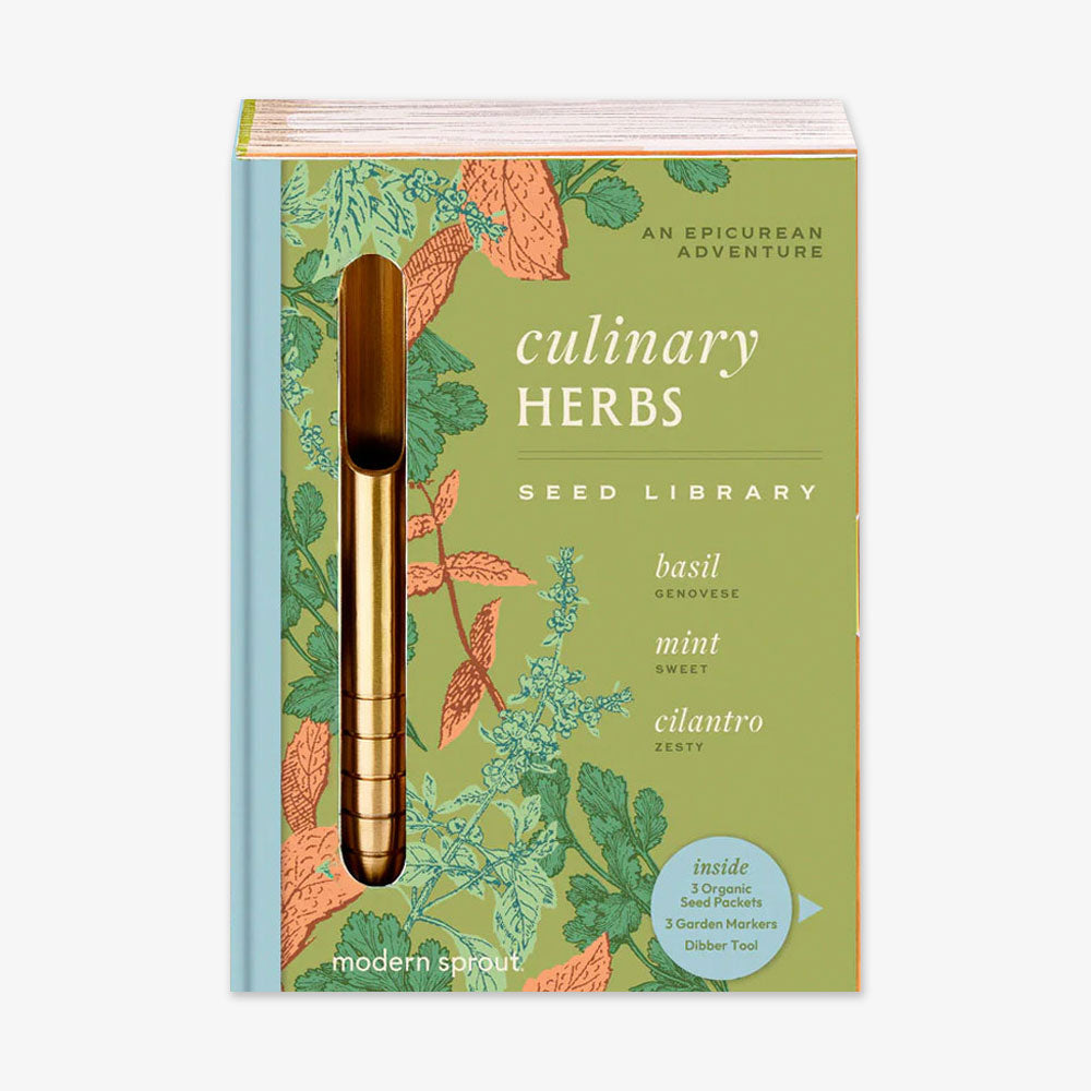 The Culinary Herbs Seed Library by Modern Sprout is a book-shaped kit with organic herb seeds, charming illustrations, and a gold dibber—everything you need to start your own herb garden.