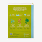 Back cover of the Culinary Herbs Seed Library kit with illustrations and descriptions of Genovese basil, sweet mint, zesty cilantro, tool icons, QR code, and company guarantee for organic herb seeds.