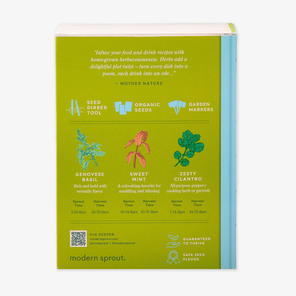 Back cover of the Culinary Herbs Seed Library kit with illustrations and descriptions of Genovese basil, sweet mint, zesty cilantro, tool icons, QR code, and company guarantee for organic herb seeds.