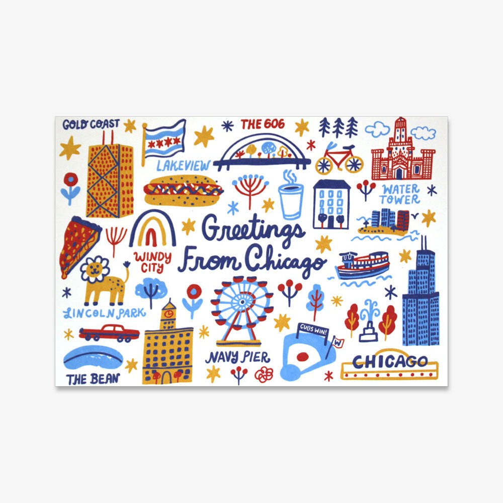 The Greetings From Chicago Postcard features colorful illustrations of iconic landmarks like Navy Pier, The Bean, Water Tower, and The 606—a perfect city souvenir with "Greetings From Chicago" at the center.