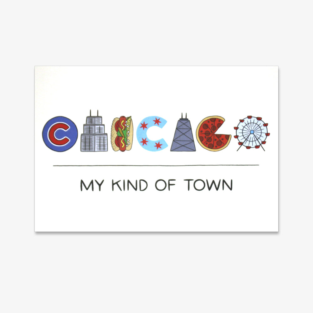 The Chicago Icons Postcard spells out "CHICAGO" using local icons—Cubs logo, skyscrapers, hot dog, pizza, Ferris wheel—and features "MY KIND OF TOWN" below. It's the perfect Chicago souvenir!.