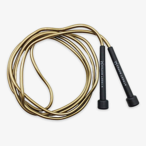 An Adult Jump Rope with black handles labeled STREET ROPEZ lies on a white background, loosely coiled to showcase its flexible design and smooth texture—an ideal fitness accessory for any workout.