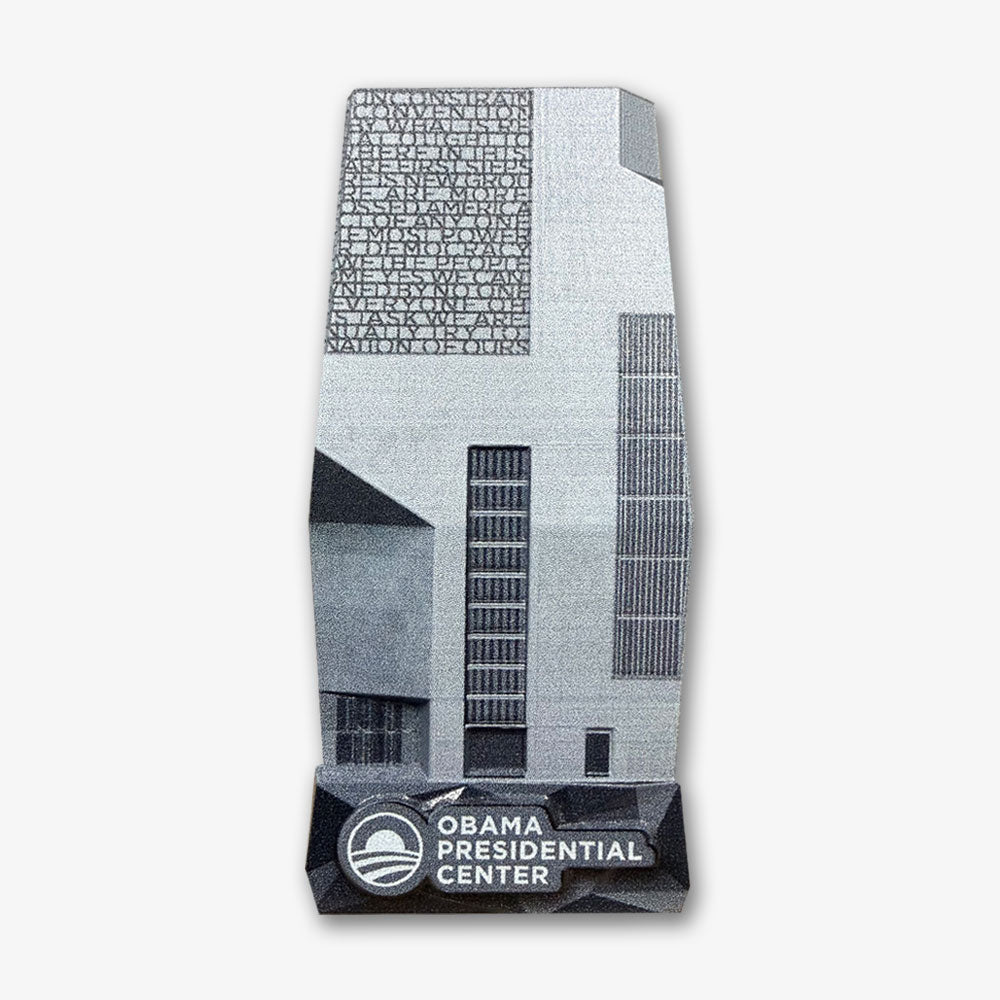 A stylized illustration of the Obama Presidential Center building, showcasing geometric shapes and the center’s logo—perfect as a unique Obama Presidential Center Building 3D Magnet or memorable Obama Foundation souvenir.