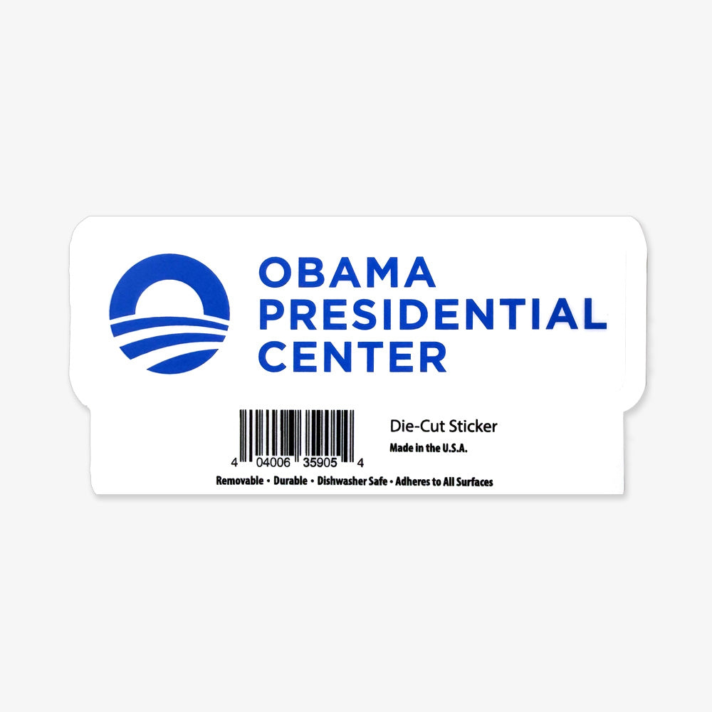 The Obama Presidential Center Horizontal Sticker features “Obama Presidential Center,” a blue circular logo, and a barcode. Celebrating Chicago’s South Side, it’s removable, durable, dishwasher safe, and made in the USA.